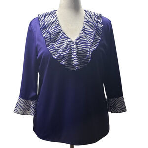 Blair Purple Zebra Stripe Blouse Size 14 Ruffle V-Neck 3/4 Sleeve Knit Top